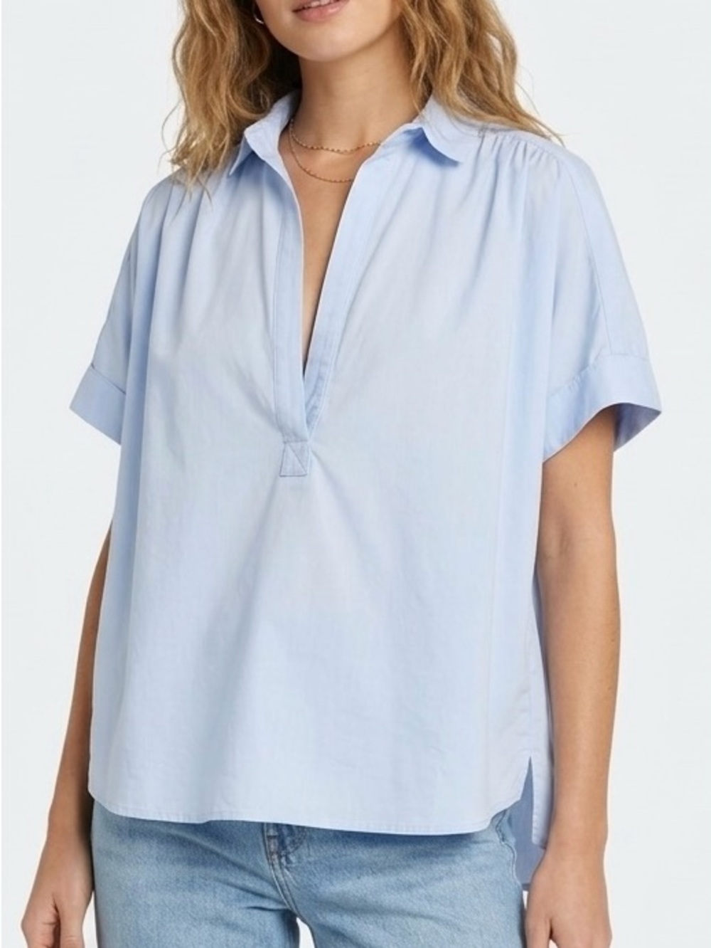 CALi DREAMiNG Motley Poplin Blouse Sky Blue XS Coastal Granddaughter Minimalist